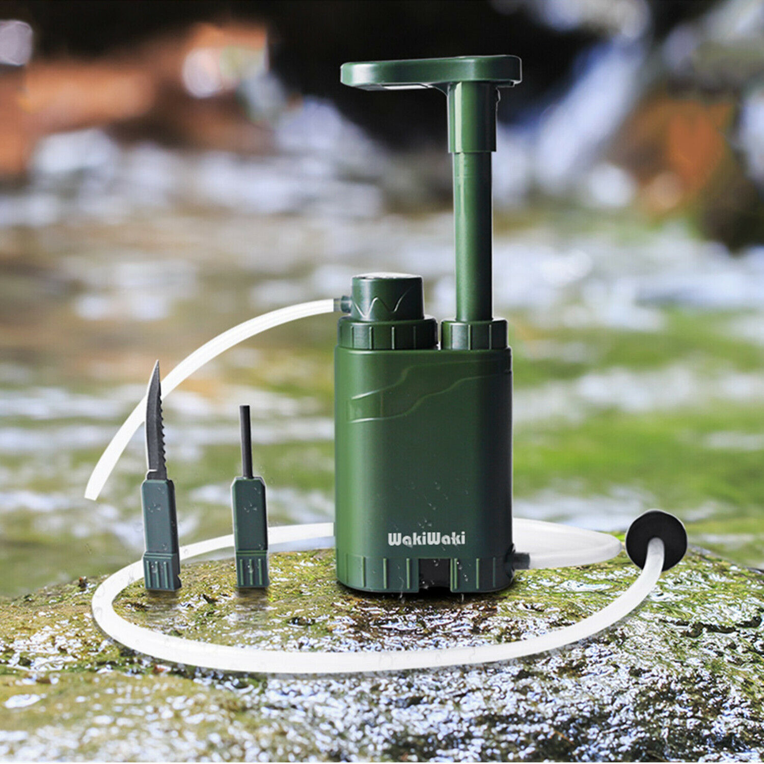 Green manual water filter pump with tubing